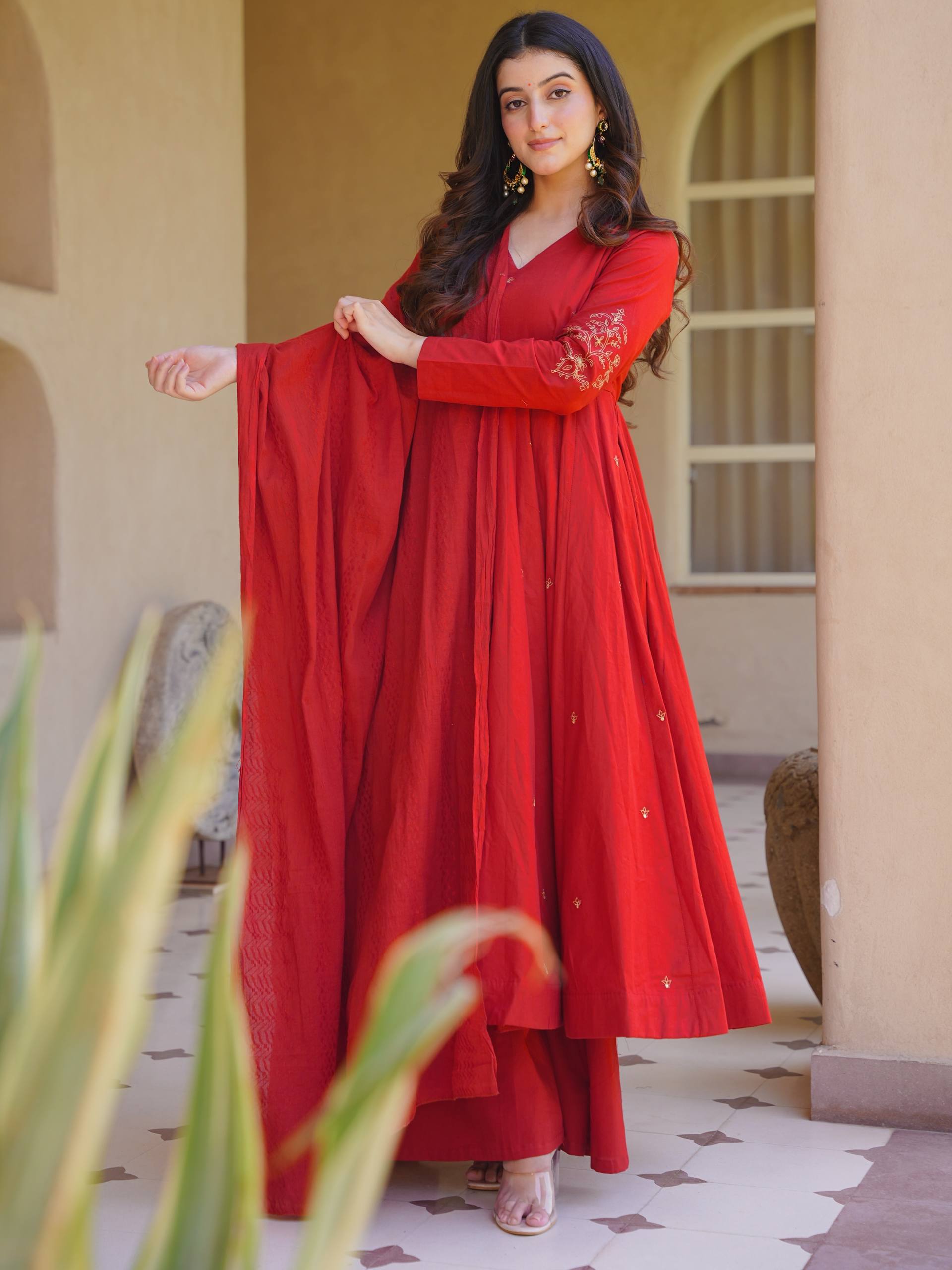 Rich Magenta Maroon Flared Anarkali Suit Set Adorned with Delicate Scattered Floral Embroidery and an Elegant V-Neckline